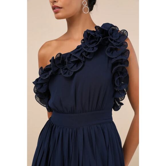 NEW Lulus Splendid Charisma Navy Ruffled Pleated One Shoulder Midi Dress - Picture 4 of 16